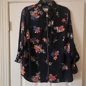 Michael Kors Navy Floral Zip-Up Blouse